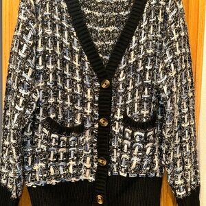 Chunky Black Sparkle Tinsel & Blue & Beige Tweed V Neck Button Front Cardigan L